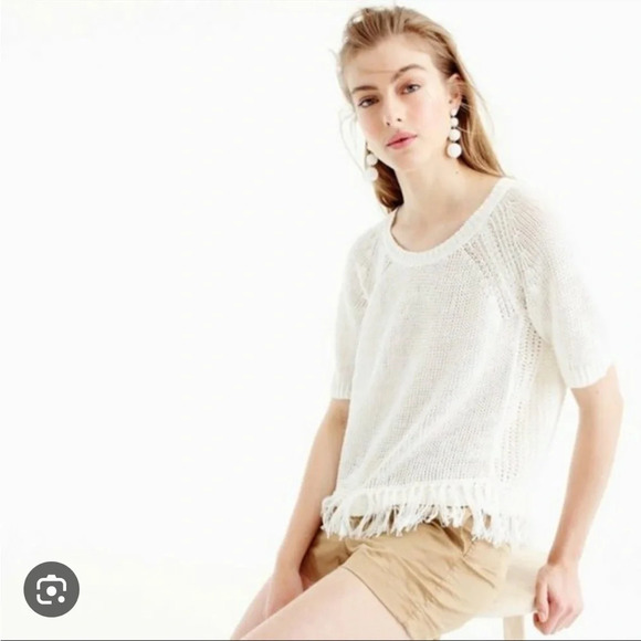 J.CREW WHITR LINEN FRINGE SHORT SLEEVE SWEATER - Picture 2 of 7